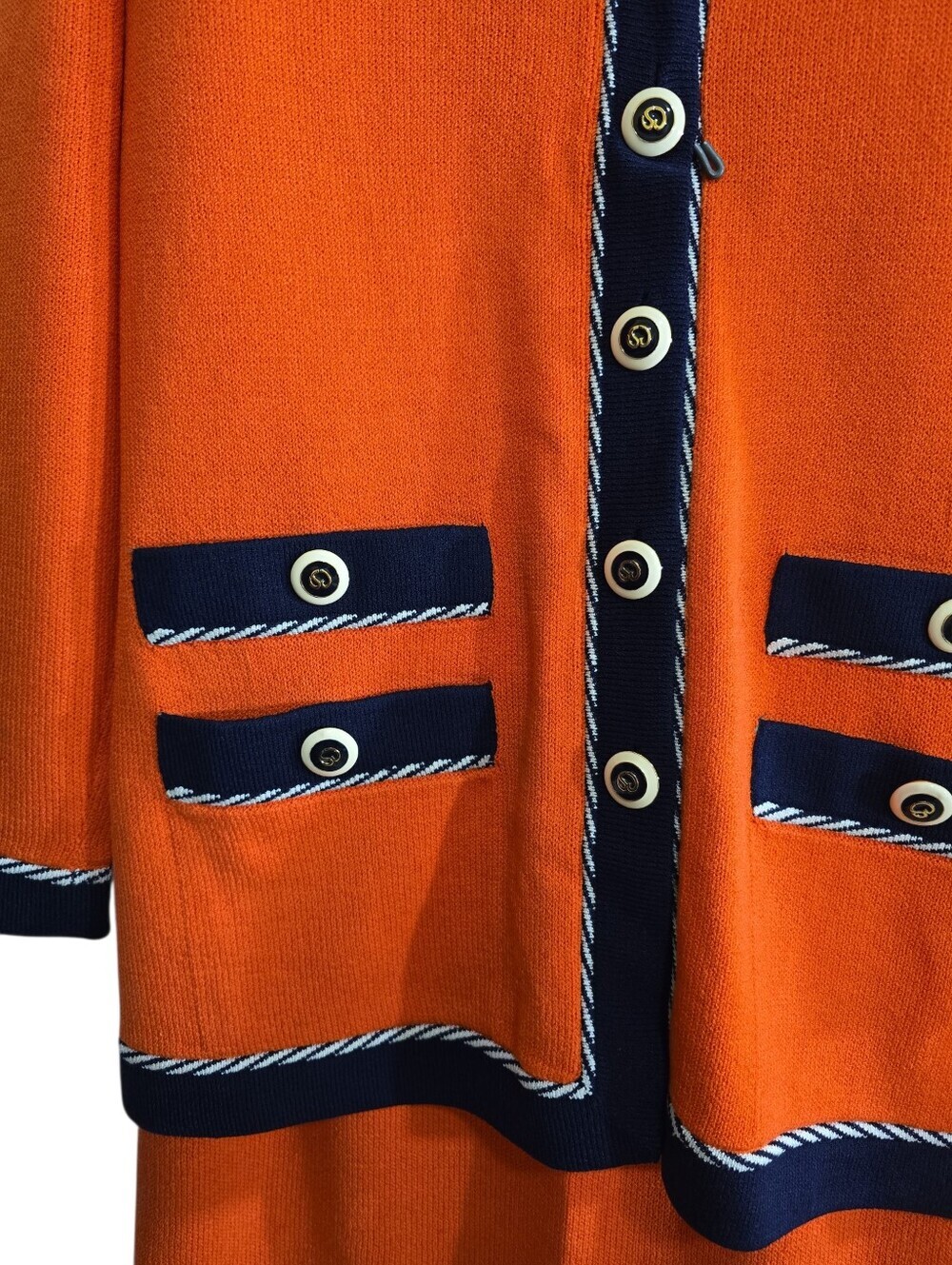 St. John Collection Vibrant 2-piece Cardigan Skirt Set Santana Knit Orange Navy - Picture 4 of 8